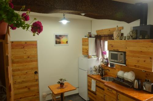 uma cozinha com um frigorífico e um balcão com um lavatório em Os Piratas em Charneca de Caparica