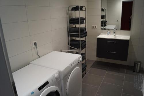 una lavanderia con lavatrice e lavandino di Le Valsberg a Hazelbourg