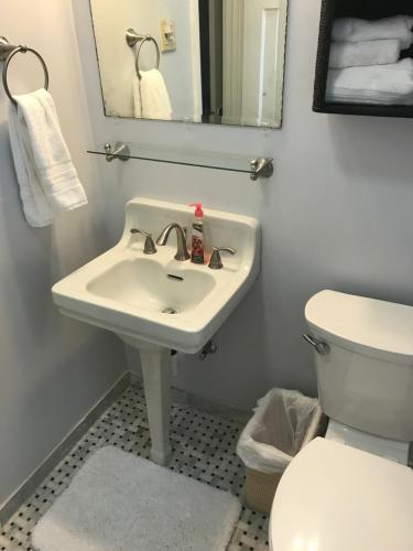 a bathroom with a sink and a toilet and a mirror at Vineyard Mansion Carriage House in Saint Joseph