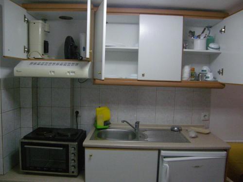 a small kitchen with a sink and a stove at Neilis in Siviri