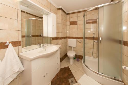 a bathroom with a sink and a shower and a toilet at Rooms Ivan in Otočac