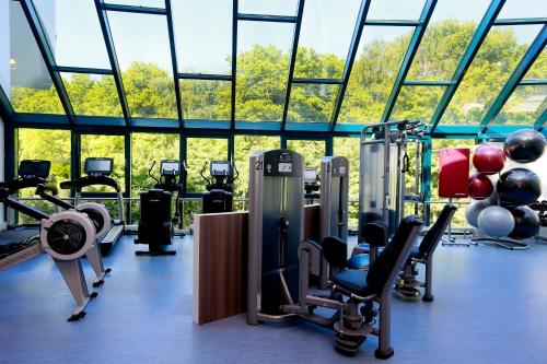 einen Fitnessraum mit Laufbändern und Trainingsgeräten vor den Fenstern in der Unterkunft Sanadome Hotel & Spa Nijmegen in Nijmegen