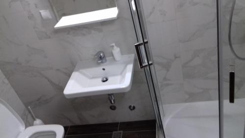 a bathroom with a sink and a shower at Guest House Babić in Neum