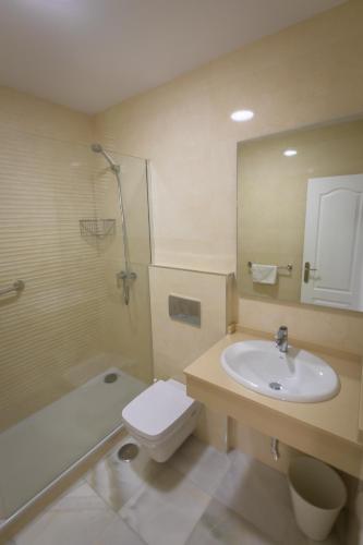 a bathroom with a sink and a toilet and a mirror at Apartamentos Las Rosas de Capistrano in Nerja