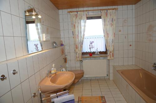 a bathroom with a sink and a toilet and a tub at Haus Traumblick in Pleinfeld