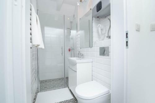 a white bathroom with a toilet and a shower at Piernikowy Domek in Toruń