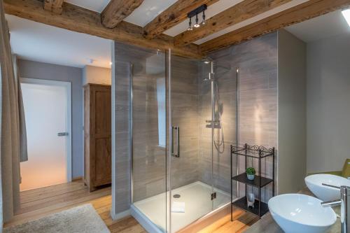 W łazience znajduje się szklana kabina prysznicowa i umywalka. w obiekcie House of Bruges w Brugii