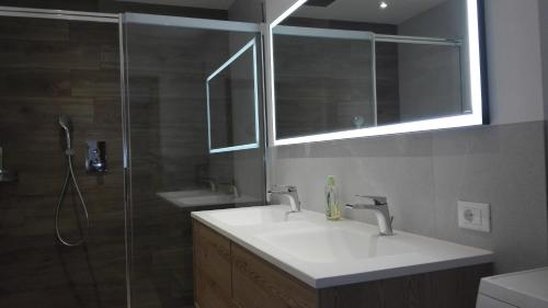un bagno con due lavandini e una doccia in vetro di Digart a Ortisei