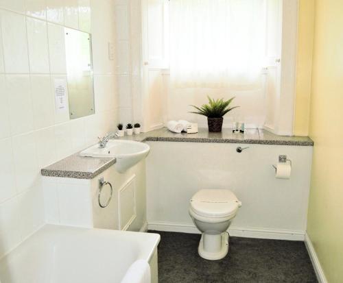 a white bathroom with a toilet and a sink at Bridge of Cally Hotel in Blairgowrie