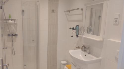 La salle de bains blanche est pourvue d'une douche et d'un lavabo. dans l'établissement Ferienhaus "Buchfink", à Berumbur