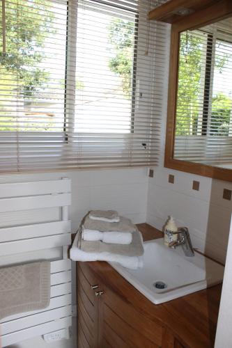 a bathroom with a sink and two windows at Chez Sophie in Lège-Cap-Ferret