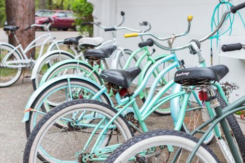 a row of green bikes parked next to each other at The Lodge on the Cove in Kennebunkport