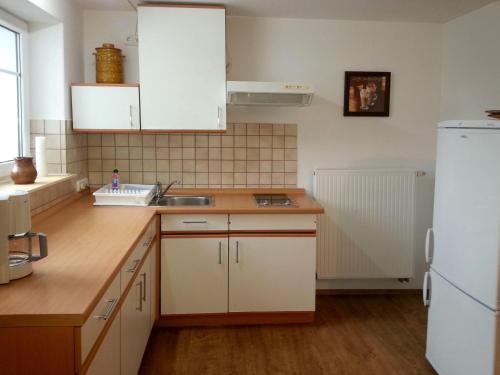 メーデバッハにあるFeWo-Tannenhofの白いキャビネット、シンク、冷蔵庫付きのキッチンが備わります。