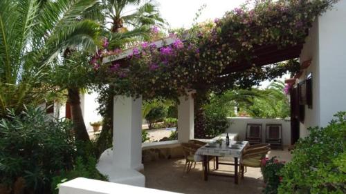 a patio with a table and a bunch of flowers at Appartamentos Michel Dos in Sant Ferran de Ses Roques