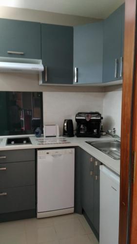 - une cuisine avec des placards verts et un lave-vaisselle blanc dans l'établissement Falkenstein, à Niederbronn-les-Bains