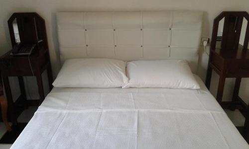 a white bed with two pillows next to a desk at ece "vegan"hotel Bodrum in Golturkbuku