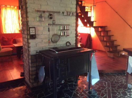 a living room with a fireplace and a brick wall at Haus 9 am Fluss in Witnica