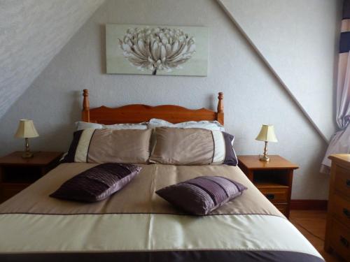 a bedroom with a large bed with two purple pillows at Glenhouse in Leurbost