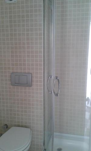 a bathroom with a shower with a toilet and a sink at ece "vegan"hotel Bodrum in Golturkbuku