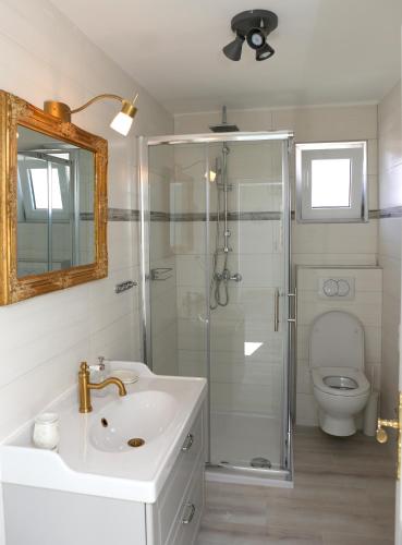 a bathroom with a shower and a sink and a toilet at Sweet Suite with free private parking in Pula