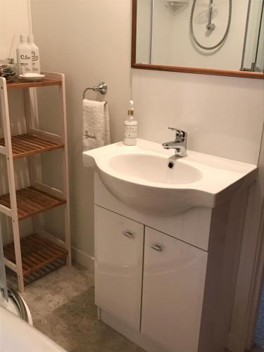ein Badezimmer mit einem weißen Waschbecken und einem Spiegel in der Unterkunft McIvor Lodge in Invercargill
