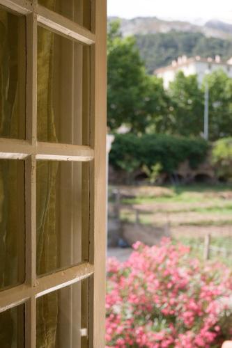 a window view of a garden with pink flowers at A l'ombre du clocher in Calenzana