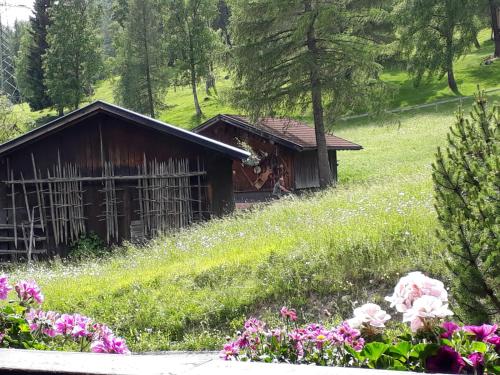 a cabin on a hill with flowers in front of it at Landhaus Elke in Reith bei Seefeld