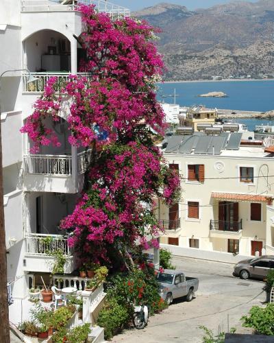 a building with pink flowers on the side of it at Roses Studios in Karpathos Town