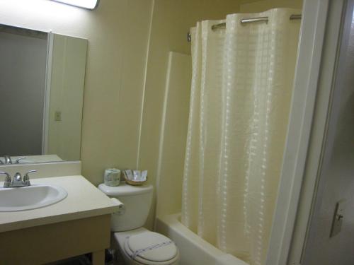 a bathroom with a toilet and a shower curtain at Town House Motel in Lancaster