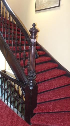 a staircase with a red carpet and a stair case at Galerie Hotel Leipziger Hof in Leipzig