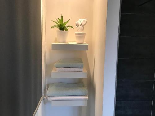 a towel rack with towels and a plant in a bathroom at Chambres d'Hotes Au Val Dormant in Réalville