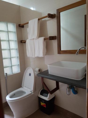 a bathroom with a sink and a toilet and a mirror at Northern Breeze Hotel in Bagan