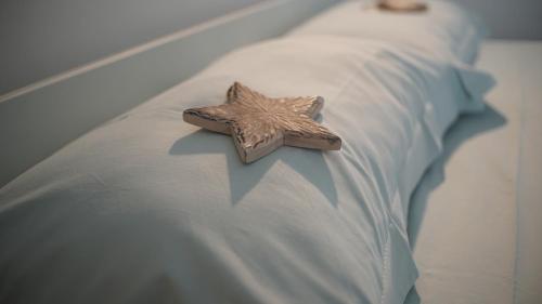 Un par de estrellas sentadas sobre una cama en Palazzo Boscareto, en Corinaldo