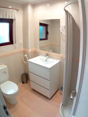 a bathroom with a sink and a toilet and a shower at Somo Surfskate hostel in Castanedo