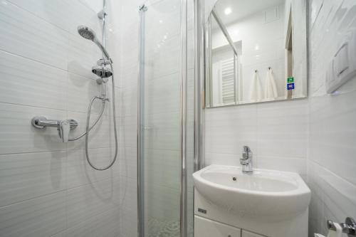 La salle de bains blanche est pourvue d'une douche et d'un lavabo. dans l'établissement White Vision Apartment, à Carolinensiel