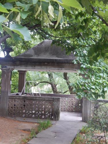 a wooden bench sitting in the middle of a park at Savanna House Jvari in Jvari