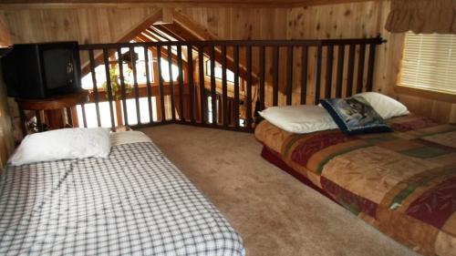 a bedroom with two beds and a television in a cabin at Cedar Pines Resort in South Lake Tahoe