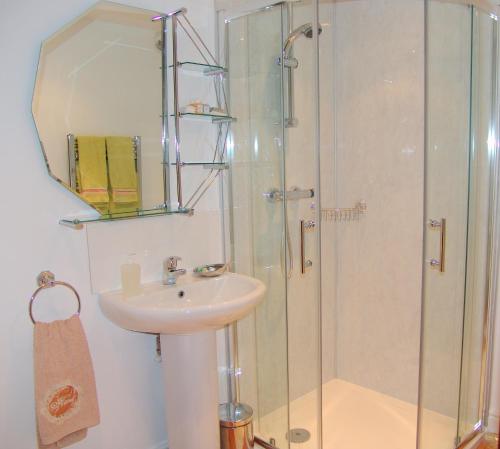 uma casa de banho com um lavatório e um chuveiro em Hazels Roost B&B em Bainbridge