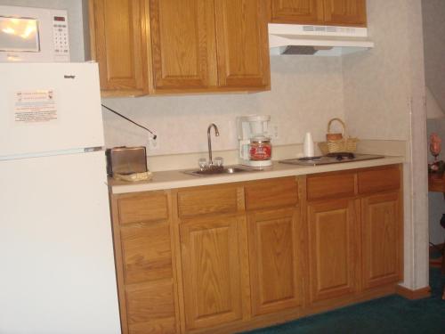 a kitchen with wooden cabinets and a white refrigerator at Townhouse Inn & Suites Omaha in Omaha