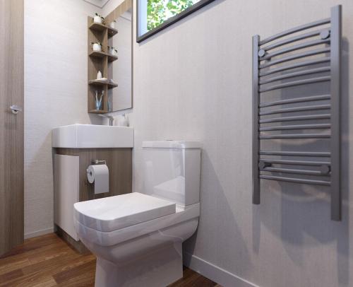 a bathroom with a white toilet and a window at Riverside Rothbury Swift S Pod in Rothbury