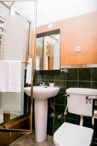 a bathroom with a sink and a toilet and a mirror at Eden Vale Hotel in Ajiringano