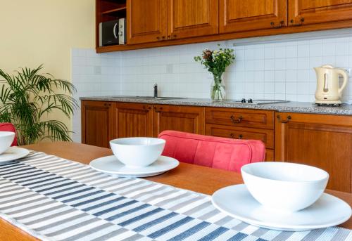 a kitchen with a table with two bowls on it at Pavilon in Ricany