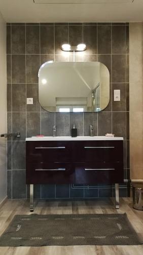 une salle de bain avec un lavabo et un miroir dans l'établissement Domaine du Carouge, à Lirey