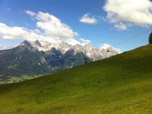 a green hill with a mountain in the background at Haus Lechner Apartments in Sankt Jakob in Haus
