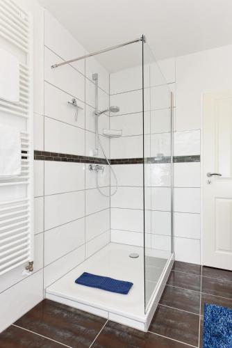 a shower with a glass door in a bathroom at Haus zur Möwe mit Frühstücksoption in Bensersiel