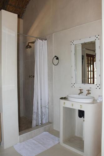 a bathroom with a sink and a shower with a mirror at Tantebane Game Ranch in Tantebane