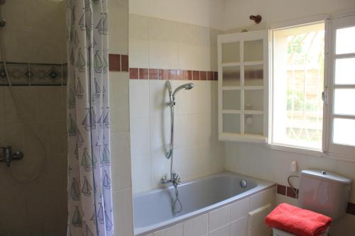 La salle de bains est pourvue d'une baignoire, d'une douche et d'une fenêtre. dans l'établissement Appartements d'Hôtes Marciloui, à Antsirabe