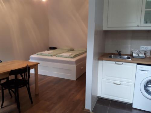 ブダペストにあるDob15 Small Apartmentの小さなキッチン(ベッド1台、テーブル付)