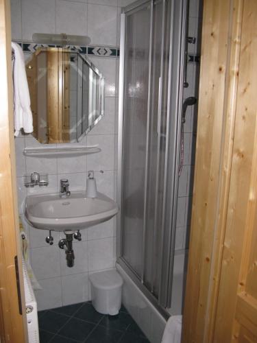 a bathroom with a sink and a shower at Haus Pfarrkirchner in Mauterndorf