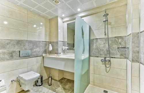 a bathroom with a shower and a toilet and a sink at Ege Tulip Cesme in Çeşme